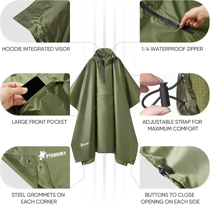 PTEROMY Hooded Rain Poncho for Adult - Image 6