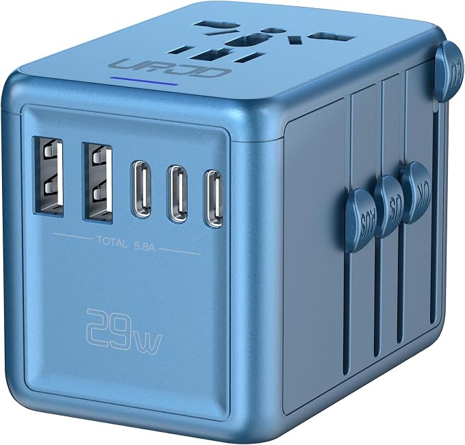 Universal Travel Adapter Offers 6.0A 3X 3.0A USB-C Ports, 2X 2.4A USB-A Ports by URJD