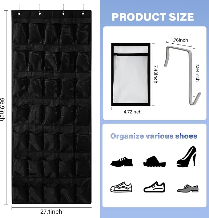 35Large Pockets Over The Door Shoe Organizer, Mesh Pockets Shoe Holder Rack - Image 2