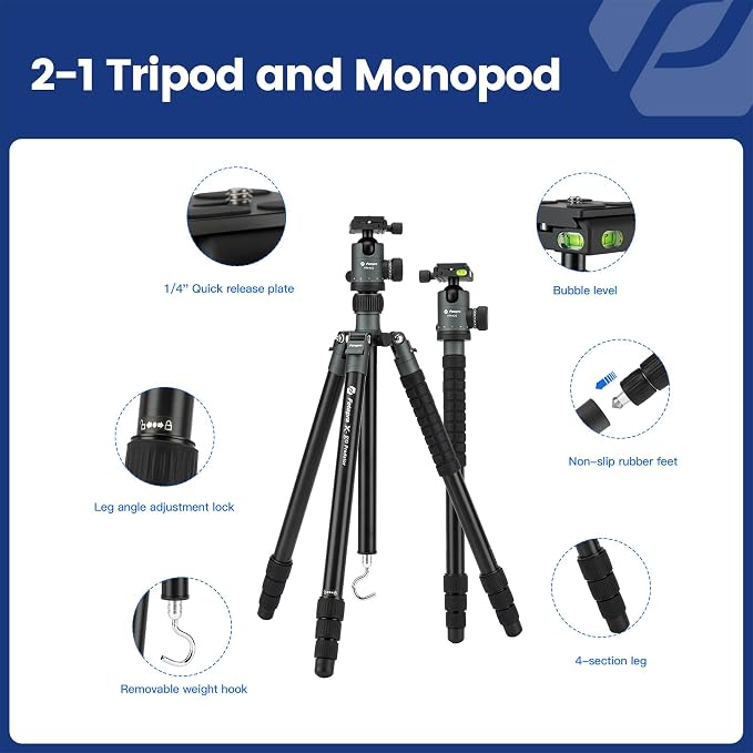 Fotopro 68" Camera Tripod for DSLR, Heavy Duty Compact Travel Tripod - Image 4