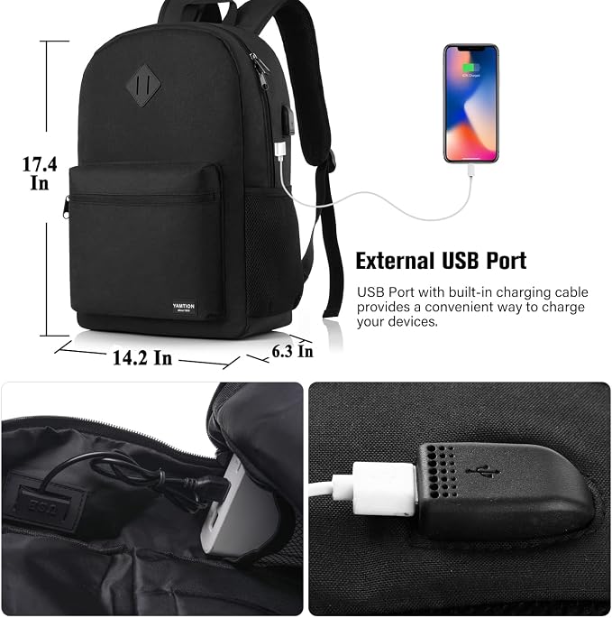 Black Backpack for Women Men, Casual School Backpack Teen Boys and Girls 15.6 - Image 6