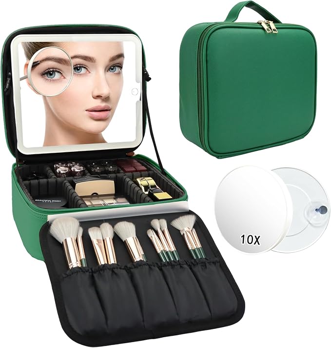 Travel Makeup Bag with LED Mirror and 10x magnifying glass with 3 Lighted - Image 9