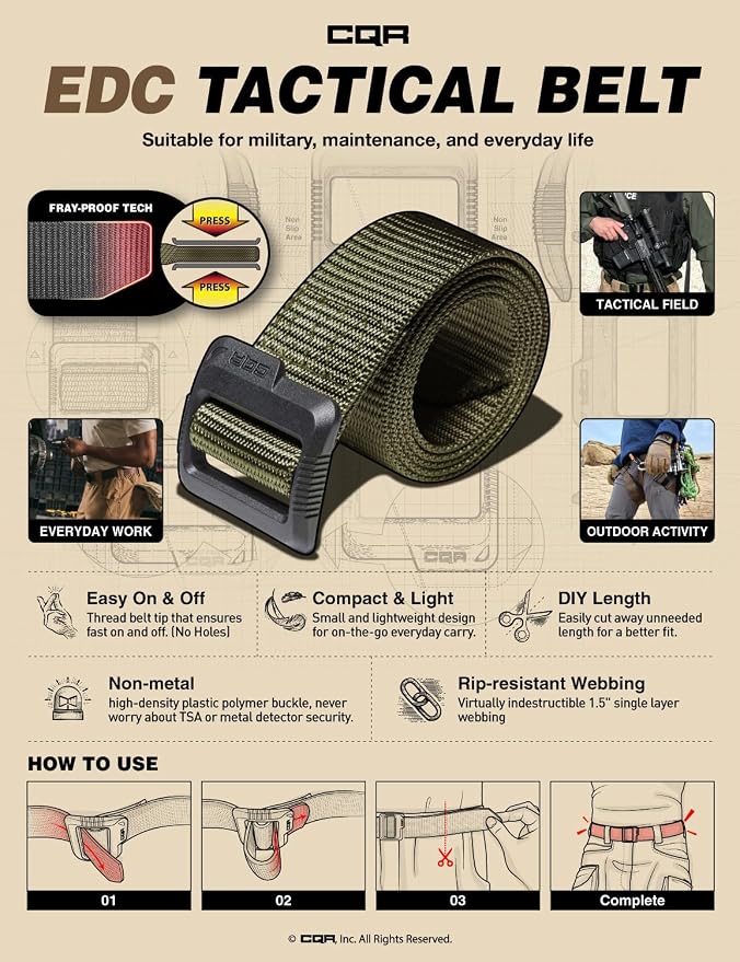 CQR Tactical Belt, Military Style Heavy Duty Belt, Webbing EDC Quick-Release - Image 4