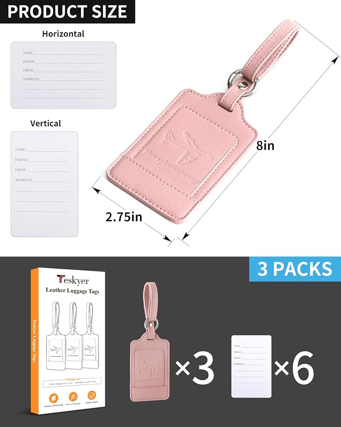 Teskyer Luggage Tags, 3 Pack Premium PU Leather Luggage Tags - Image 7