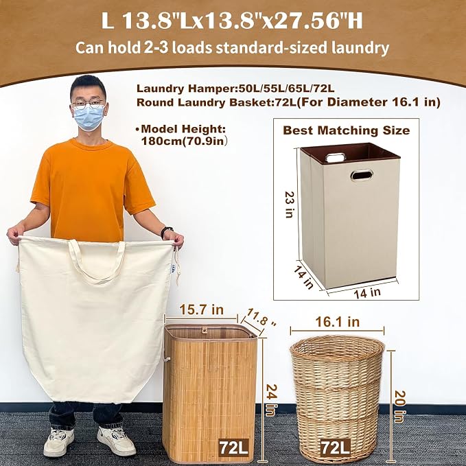 Canvas Laundry Bags with Handles & Square Base 13.8"x 13.8", Large Heavy Duty - Image 2