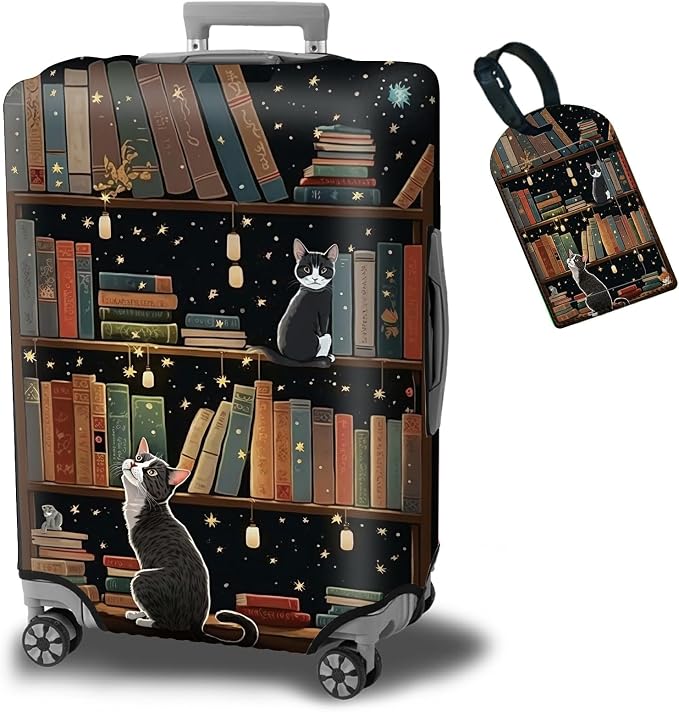 Luggage Cover + Tag, Cat Library Travel Suitcase Protector by BWEGRHE