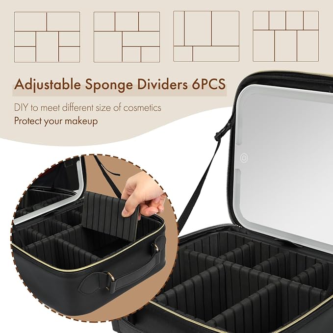 Travel Makeup Bag with LED Mirror Double Layer, Detachable Vanity Mirror with - Image 5