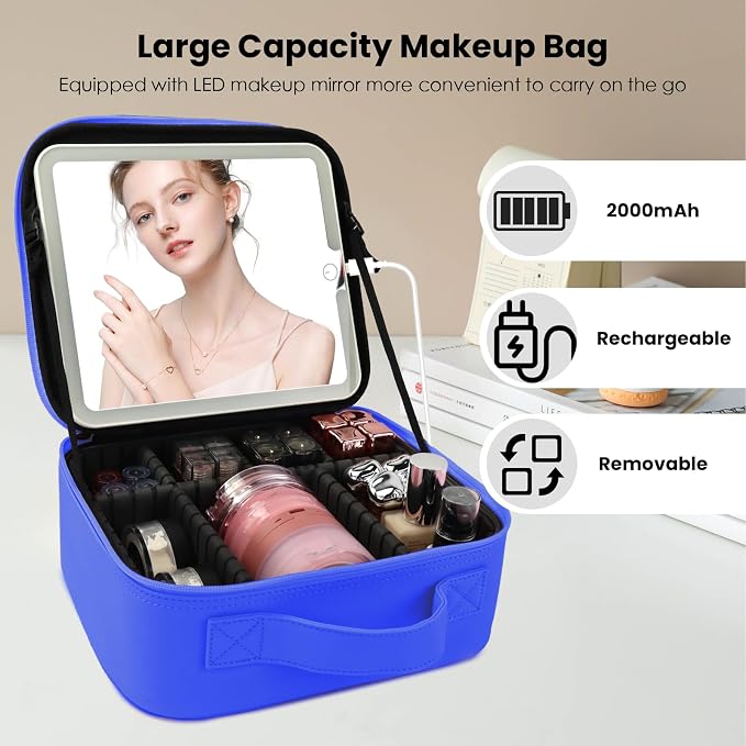 Travel Makeup Bag with LED Mirror and Light Makeup Travel Bag Organizer - Image 3