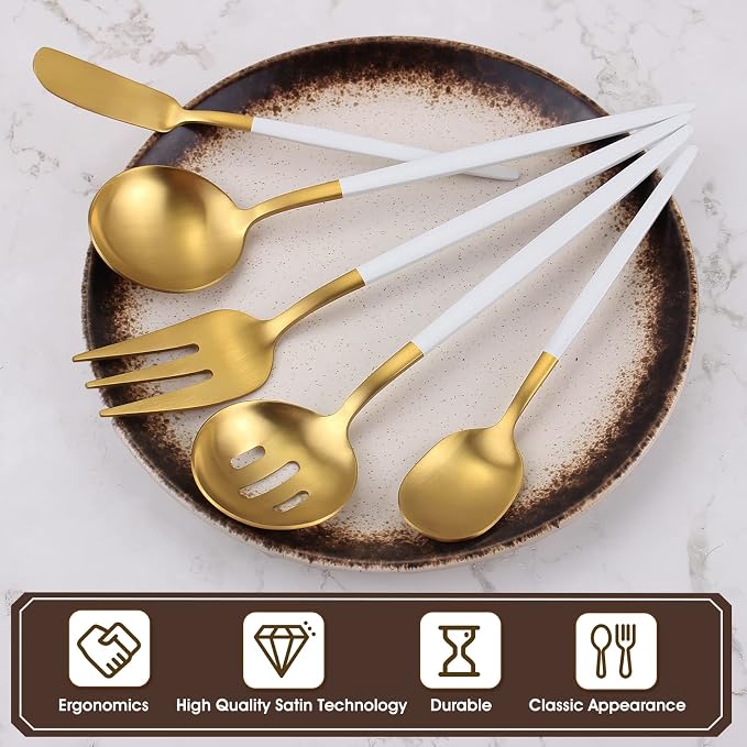 Matte White Gold Serving Silverware Set, 5-Piece Round Shared Utensils Set of - Image 3