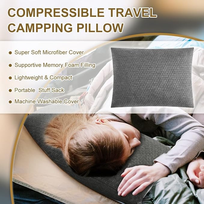 Ivellow Memory Foam Travel Pillow Compressible Camping Pillow - Image 2