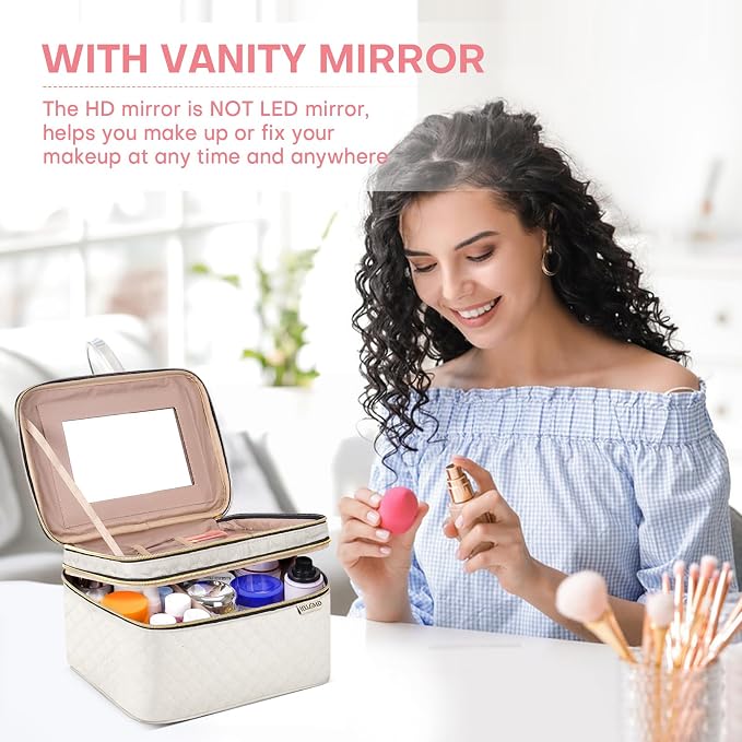 Large Makeup Bag with Mirror Double Layer Travel Make Up Organizer Case - Image 3