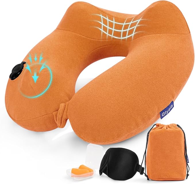 Inflatable Travel Neck Pillow for Airplane, Head Support Velvet Adult Neck by Glyzia