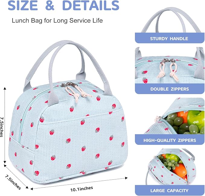 Bluboon Lunch Bag for Women Men Cute Corduroy Lunch Tote Bags Reusable - Image 7