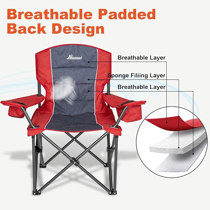 Romswi Oversized Camping Chairs, Heavy Duty Support 500 LBS, Padded Back & Arm - Image 3