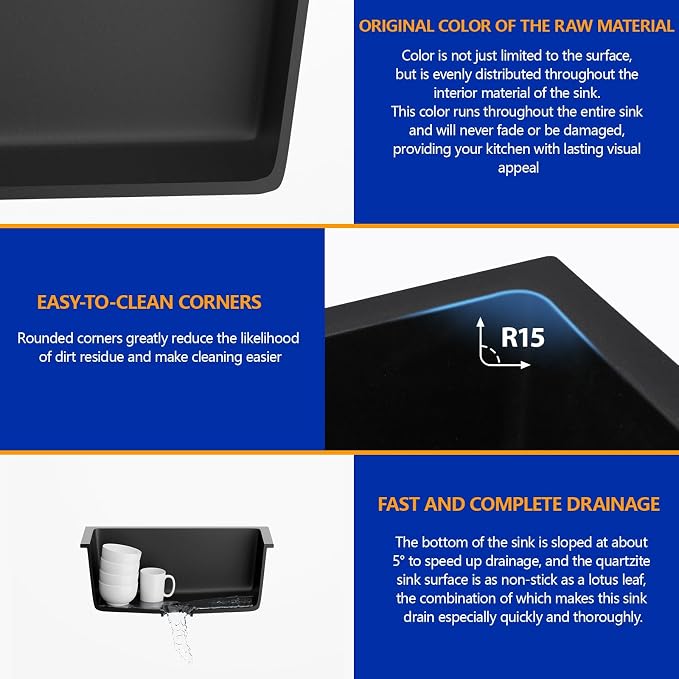 Dcolora 18 Inch Quartz Composite Black Wet Bar Sink Undermount Small Prep - Image 4