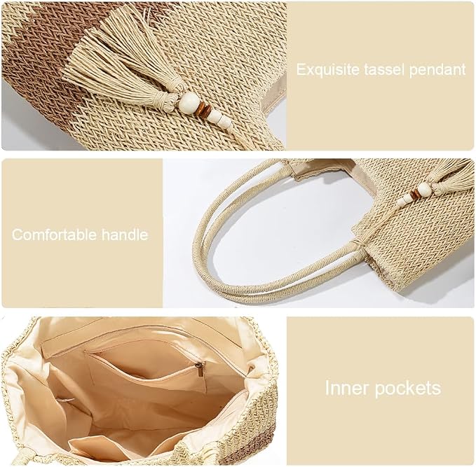 Straw Beach Bags for Women Woven Beach Tote Bag Casual Boho Large Shoulder - Image 6