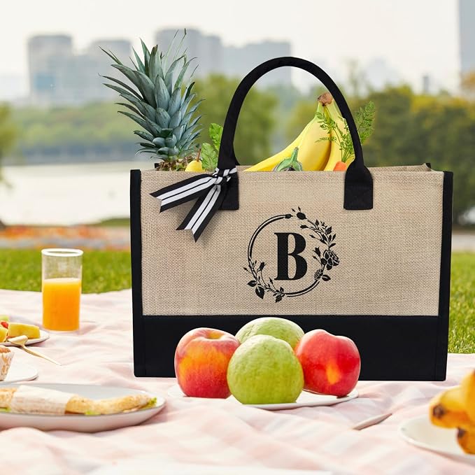 TOPDesign Personalized Initial Jute/Canvas Beach Bag, Monogrammed Gift Tote Bag - Image 3