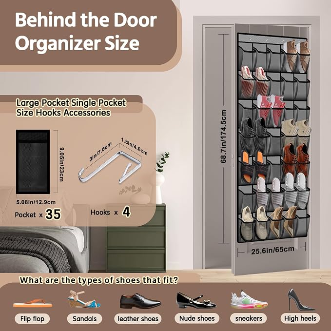 35 Pocket Over the Door Shoe Organizer, Reusable Breathable Large Mesh Bag - Image 2