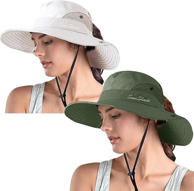 ZOORON Women's Ponytail Safari Sun Hat, Wide Brim UV Protection Outdoor Bucket by ZOORON
