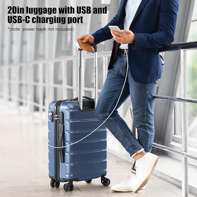 Coolife Luggage Suitcase Carry-on Spinner TSA Lock USB Port Expandable - Image 2
