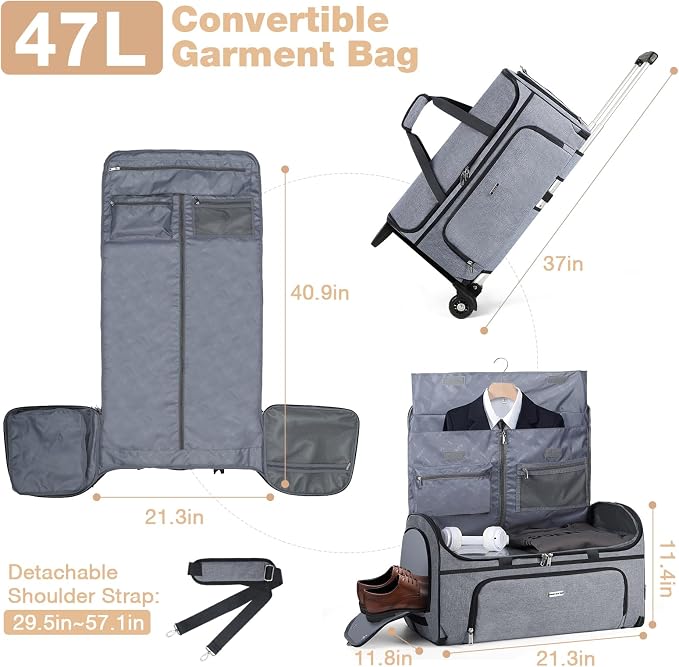 Garment Bags with Wheels, Garment Convertible Weekender Bags, Large Garment Bags - Image 2