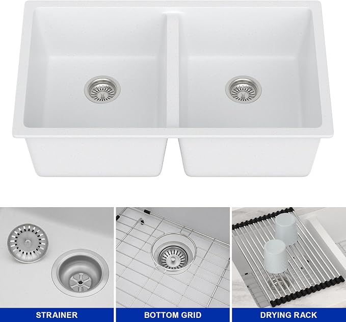 Dcolora 33 Inch Double Bowl Undermount Kitchen Sink White Deep Double Basin - Image 7