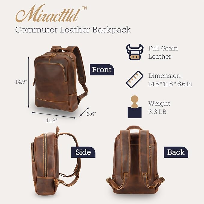 Leather Backpack for Men 15.6" Laptop Backpack 100% Madagascar top-Grain - Image 6