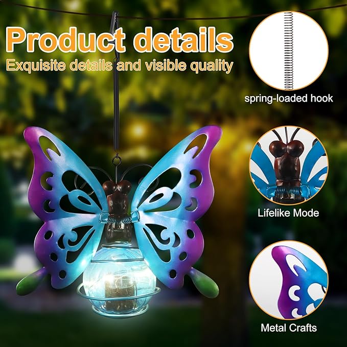 2 Pack Butterfly Solar Outdoor Hanging Lantern Creative Small Sculpture Lights - Image 6