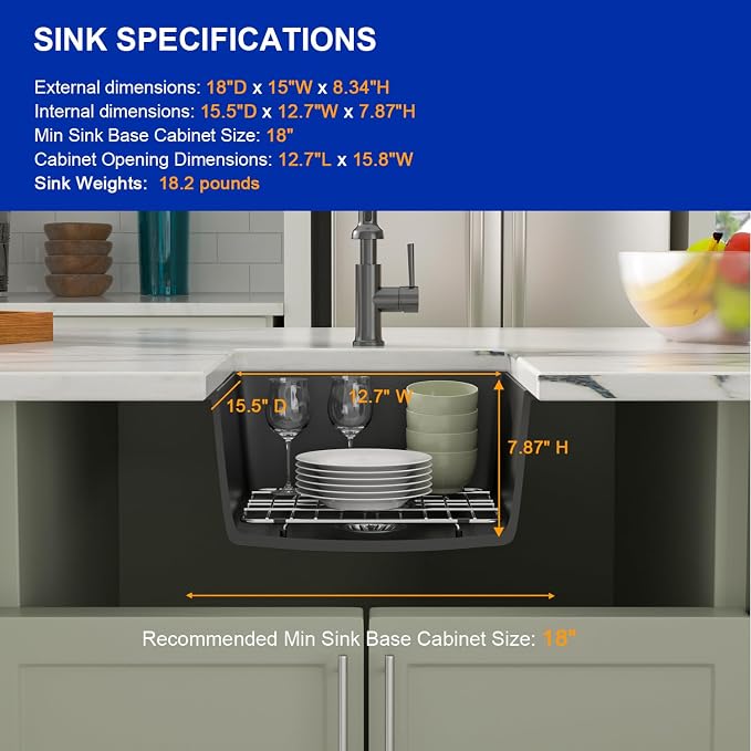 Dcolora 15 Inch Granite Composite Black Bar Sink Undermount Small Kitchen Sink - Image 6