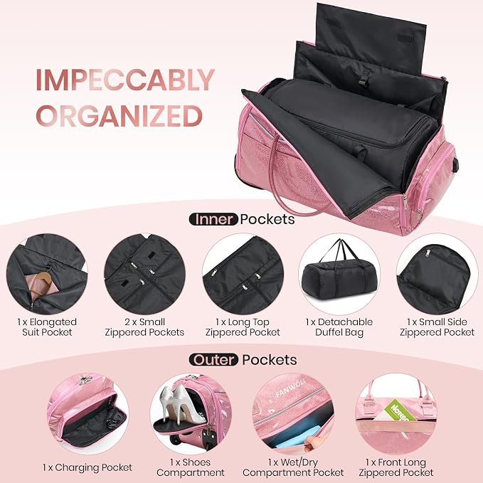 3-in-1 Rolling Garment Bags for Travel, Glitter Wheeled Carry-On Suit Luggage - Image 3