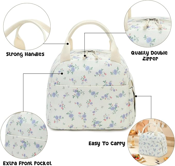 Bluboon Lunch Bag for Women Men Cute Corduroy Lunch Tote Bags Reusable - Image 9