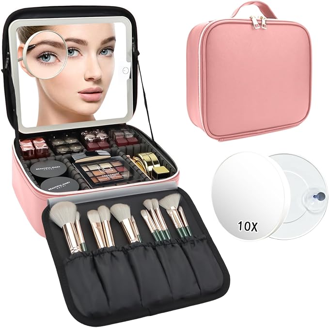 Travel Makeup Bag with LED Mirror and 10x magnifying glass with 3 Lighted - Image 9