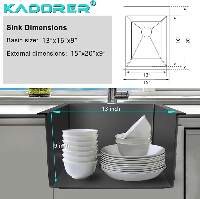 15 x 20 Inch Drop In Kitchen Bar Sink, Small Kitchen Sink Single Bowl Topmount - Image 3