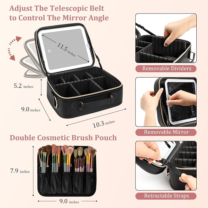 Makeup Bag with LED Mirror, Rechargeable LED Light - Image 2