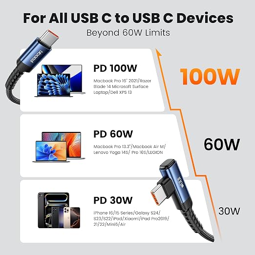 USB C Cable 10ft 100W Right Angle Fast Charging Cord, Nylon Braided USB 2.0 - Image 7