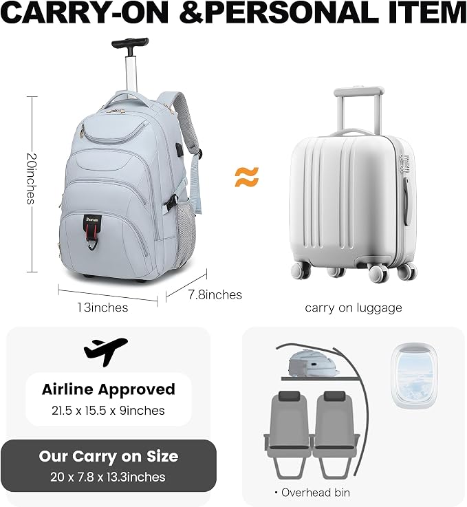 Boavan Rolling Backpack for Women, 17.3 Inch Wheeled Laptop Backpack, Large - Image 8