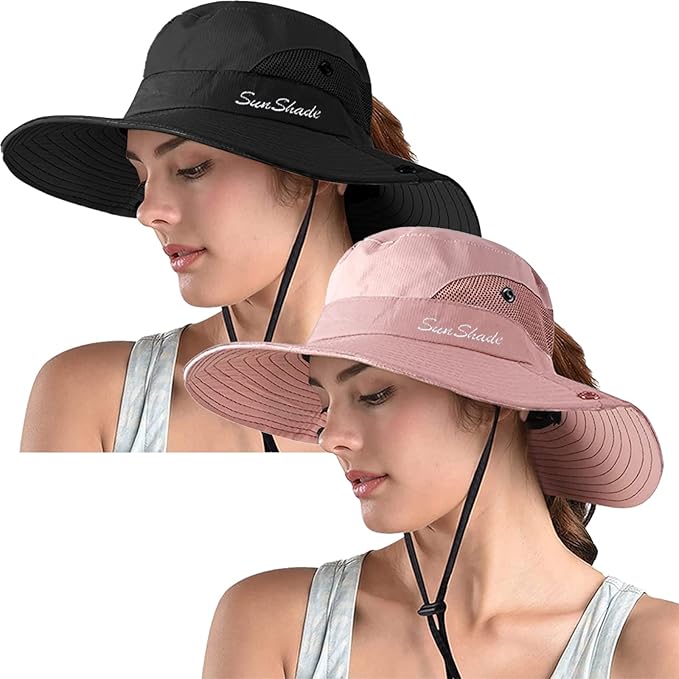ZOORON Women's Ponytail Safari Sun Hat, Wide Brim UV Protection Outdoor Bucket by ZOORON