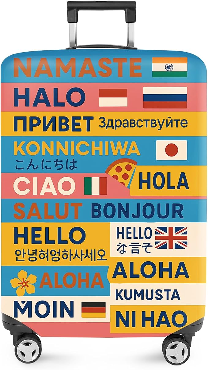 ANNA QUEEN Funny Multilingual Greetings Luggage Cover, Suitcase Protector by ANNAQUEEN