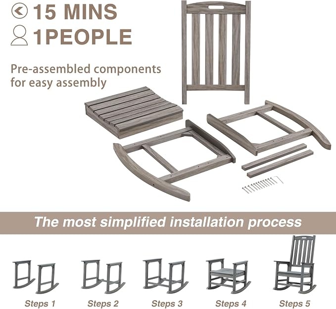 Psilvam Outdoor Rocking Chair Set of 2, Poly Lumber Oversized Rocking Chair - Image 6