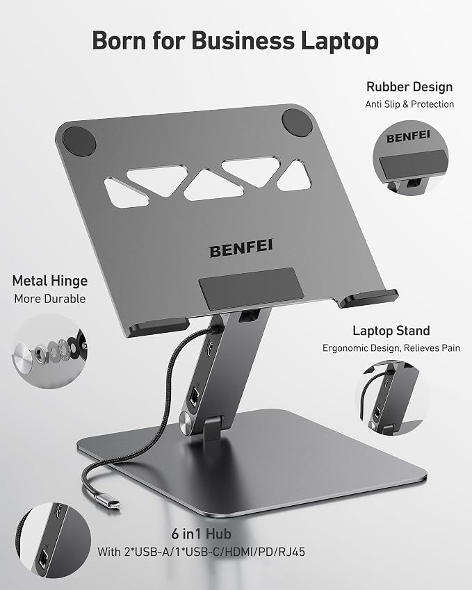 BENFEI Laptop Stand with USB C 6in1 Docking Station, HDMI 4K@60Hz, Gigabit - Image 7