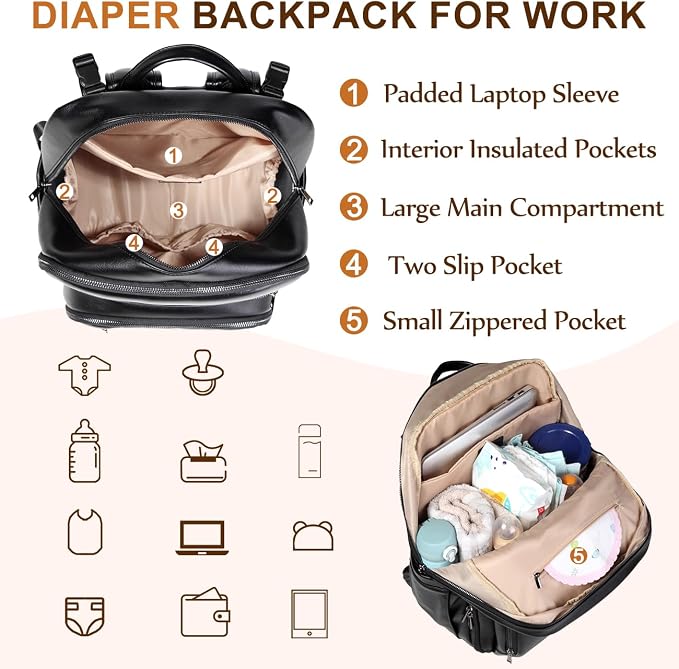 VASCHY Diaper Bag Backpack for Mum Dad, Unisex Large Waterproof Vegan Leather - Image 5