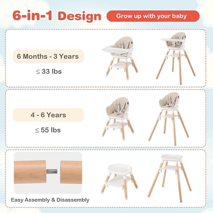 HONEY JOY Baby High Chair, 6 in 1 Convertible Wooden Highchair - Image 3