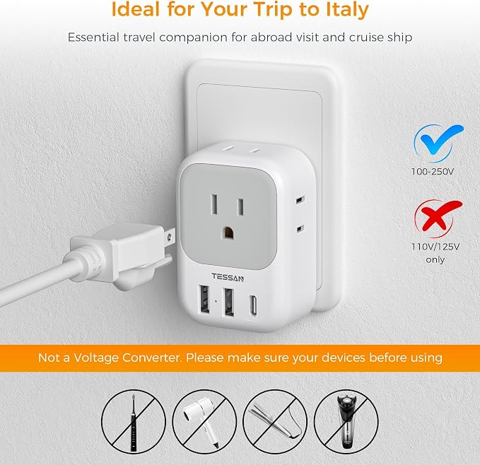 Italy Travel Plug Adapter 2 Pack, TESSAN Italy Power Adaptor - Image 6