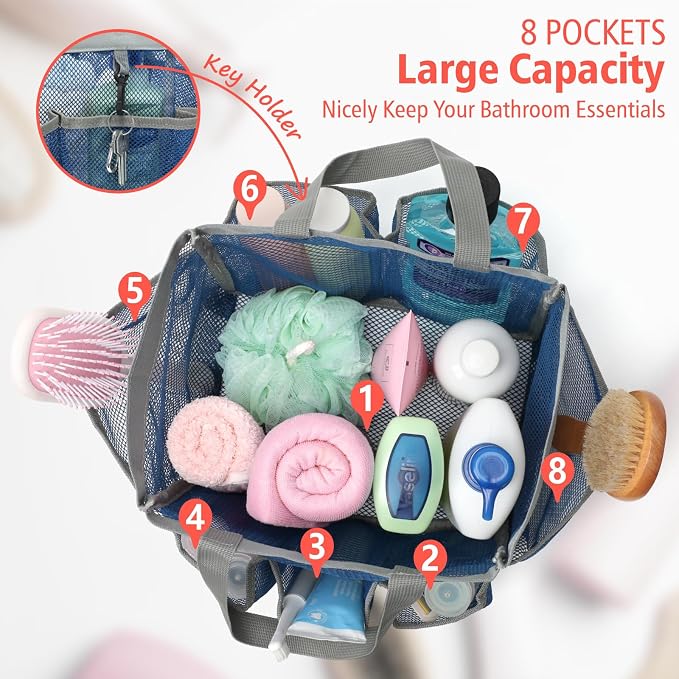 F-color Mesh Shower Caddy Portable, Upgrade Deeper 7 Pockets Shower Bag Basket - Image 2