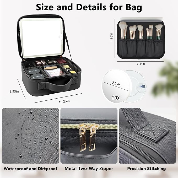 Travel Makeup Bag with LED Mirror and 10x magnifying glass with 3 Lighted - Image 5