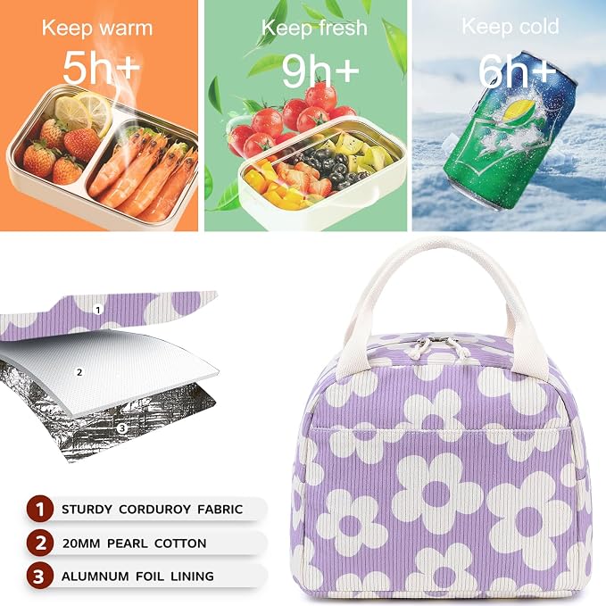 Bluboon Lunch Bag for Women Men Cute Corduroy Lunch Tote Bags Reusable - Image 8