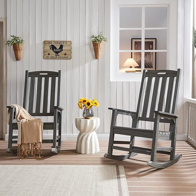 Psilvam Outdoor Rocking Chair Set of 2, Poly Lumber Oversized Rocking Chair - Image 2