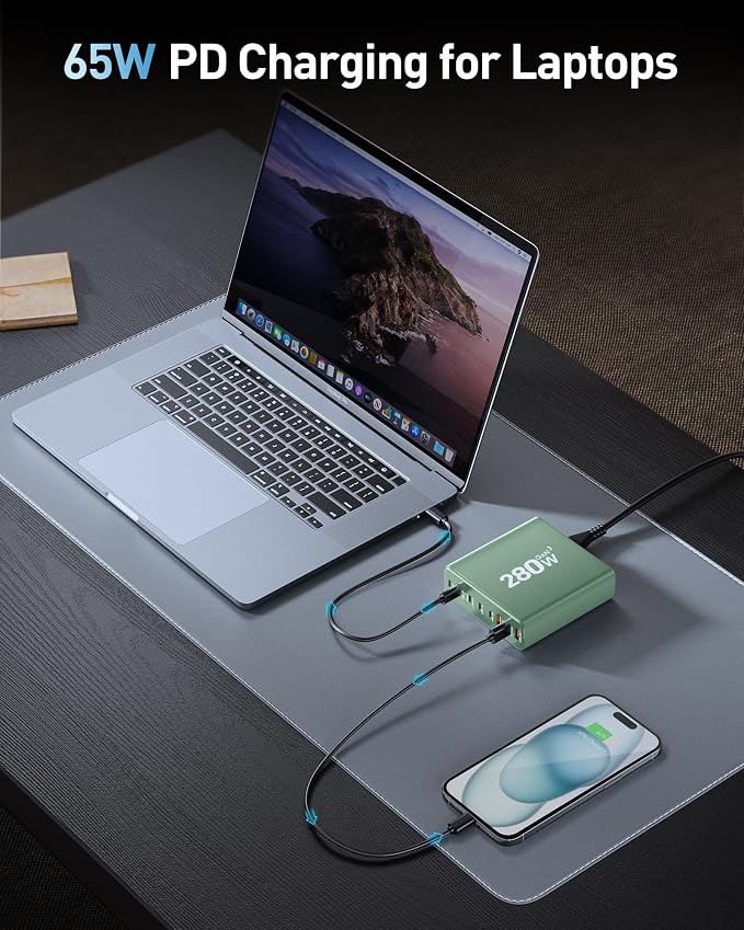 280W USB C Charger Block, 8-Port USB C Charging Station GaN III PD 65W Laptop - Image 3