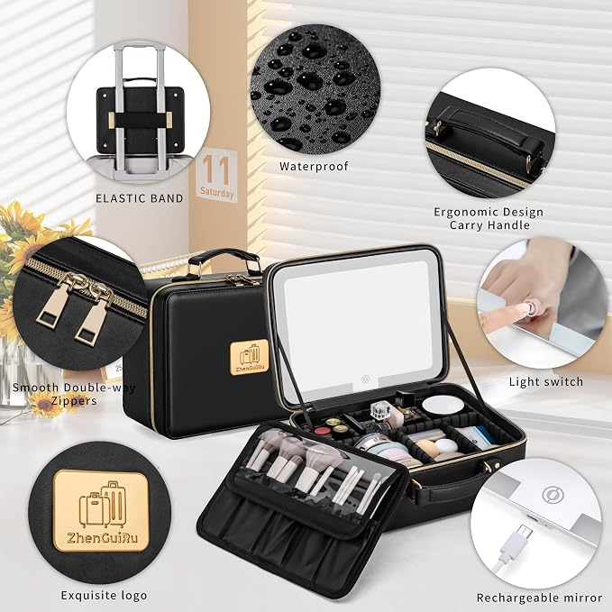 Makeup Bag with LED Mirror & Magnifier, Large Cosmetic Organizer Travel Makeup - Image 5