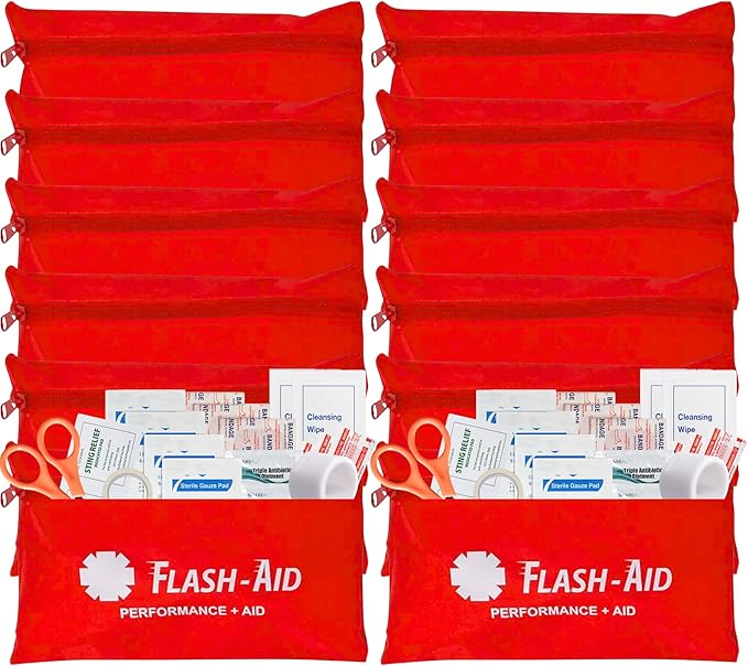 Mini First Aid Kits – 12-Pack Bulk Travel Emergency Kits in Reusable Pouches – by FlashAid